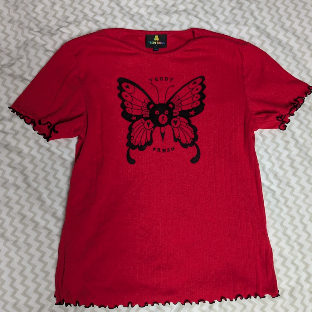 Teddy Fresh Red Pointelle Butterfly Bear Lettuce Trim Top